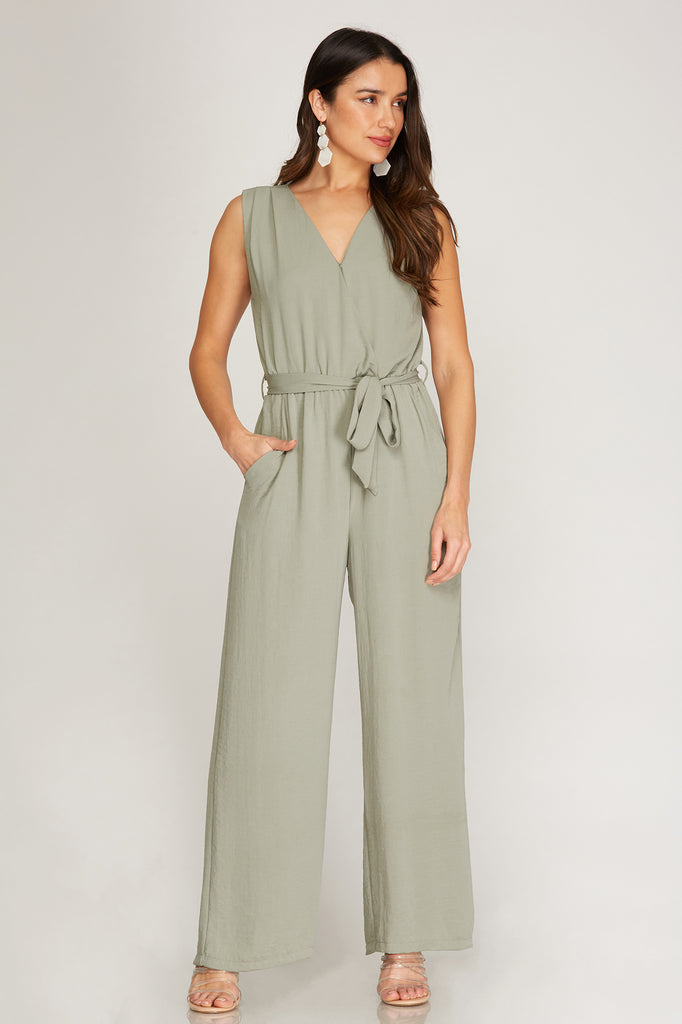 She And Sky Sleeveless Jumpsuit In Light Olive-Rompers & Jumpsuits-She And Sky-Deja Nu Boutique, Women's Fashion Boutique in Lampasas, Texas