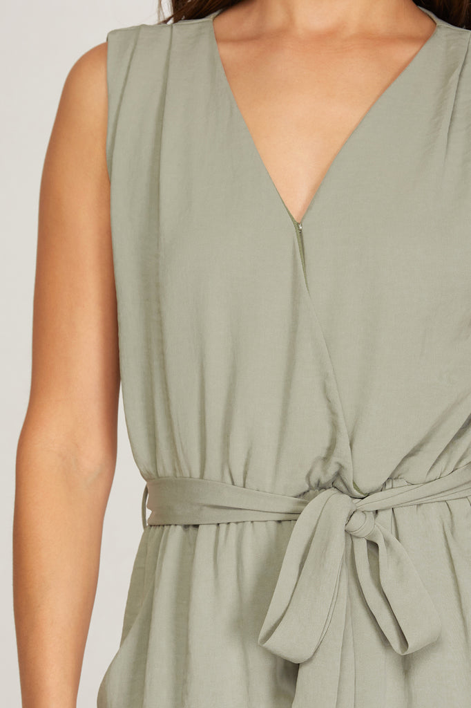 She And Sky Sleeveless Jumpsuit In Light Olive-Rompers & Jumpsuits-She And Sky-Deja Nu Boutique, Women's Fashion Boutique in Lampasas, Texas