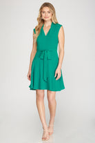 She And Sky Sleeveless V Neck Fit And Flare Dress With High Back Neck And Waist Sash In Emerald-Short Dresses-She And Sky-Deja Nu Boutique, Women's Fashion Boutique in Lampasas, Texas