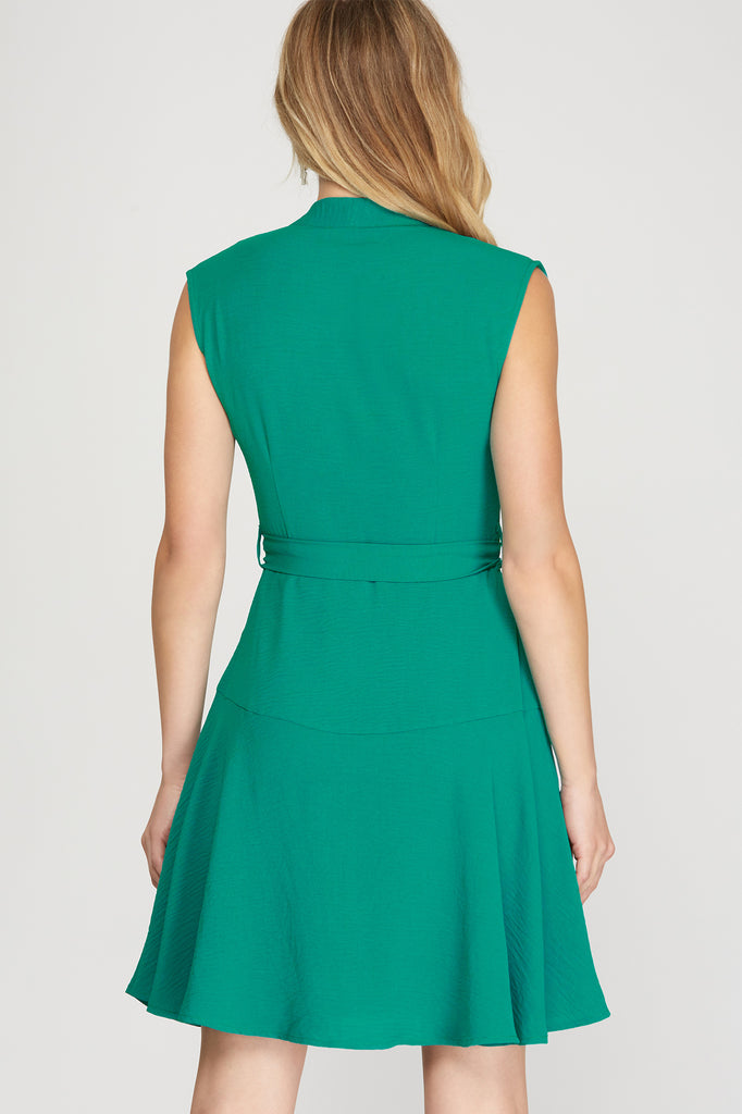 She And Sky Sleeveless V Neck Fit And Flare Dress With High Back Neck And Waist Sash In Emerald-Short Dresses-She And Sky-Deja Nu Boutique, Women's Fashion Boutique in Lampasas, Texas