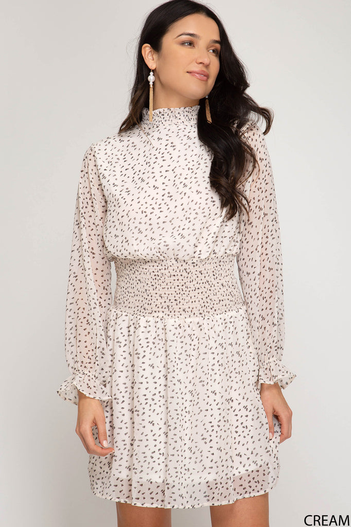 She And Sky Smocked Mock Neck Cream And Black Polka Dot Dress-Dresses-She And Sky-Deja Nu Boutique, Women's Fashion Boutique in Lampasas, Texas