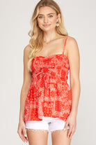 She And Sky Smocked Woven Bandana Print Cami Top In Red-Tops-She And Sky-Deja Nu Boutique, Women's Fashion Boutique in Lampasas, Texas