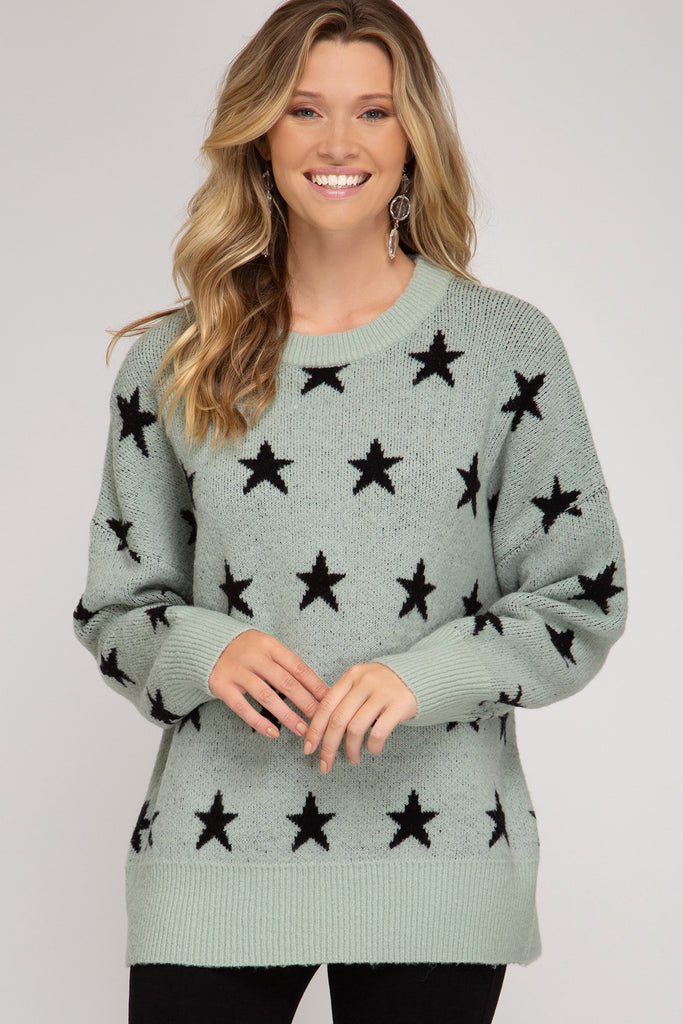 She And Sky Star Print Slate Green Tunic Sweater-Graphic Sweaters-She And Sky-Deja Nu Boutique, Women's Fashion Boutique in Lampasas, Texas