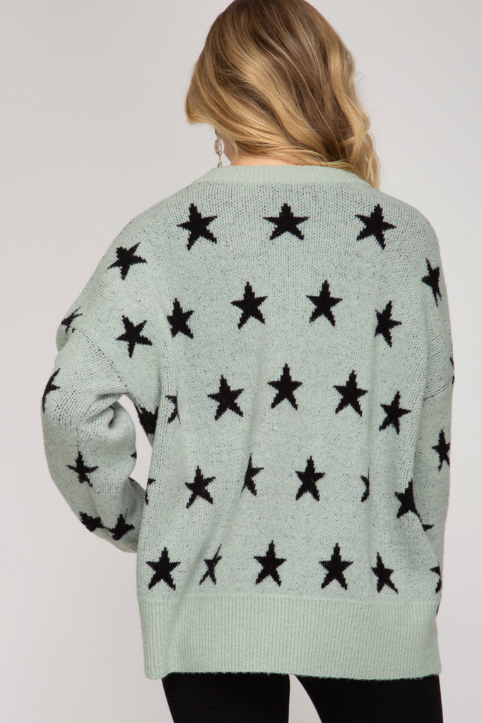 She And Sky Star Print Slate Green Tunic Sweater-Graphic Sweaters-She And Sky-Deja Nu Boutique, Women's Fashion Boutique in Lampasas, Texas