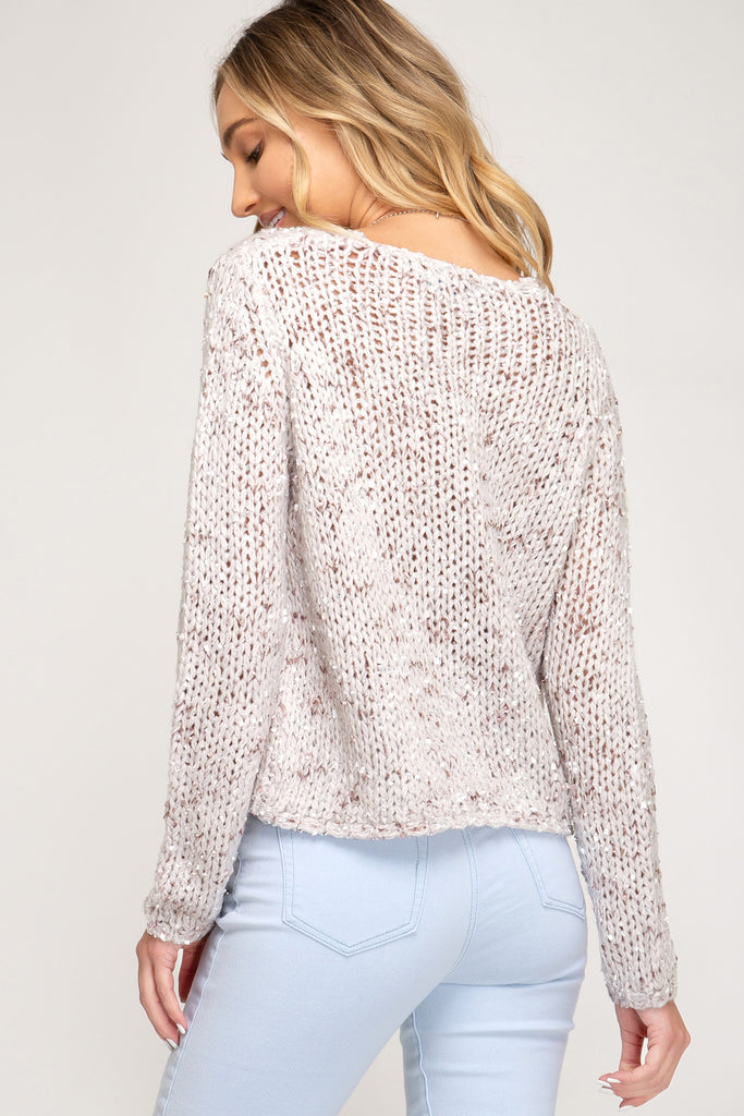 She And Sky Stone Mixed Yarn With Rose Gold Thread Cropped Sweater-Sweaters-She And Sky-Deja Nu Boutique, Women's Fashion Boutique in Lampasas, Texas