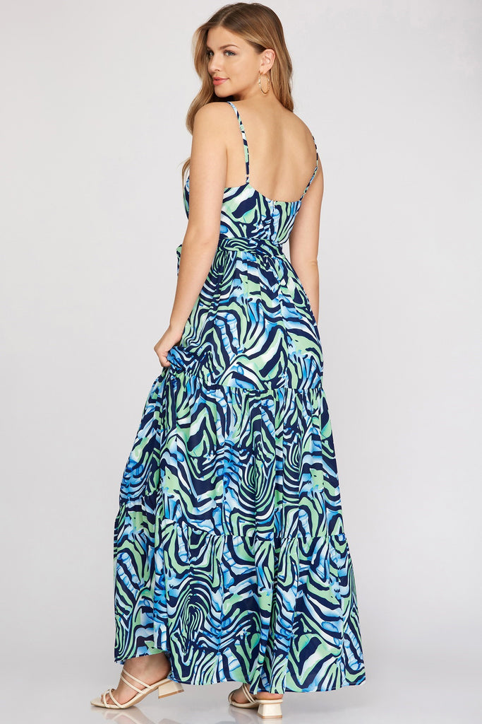 She And Sky Surplice Cami Printed Woven Tiered Maxi Dress In Navy-Maxi Dresses-She And Sky-Deja Nu Boutique, Women's Fashion Boutique in Lampasas, Texas