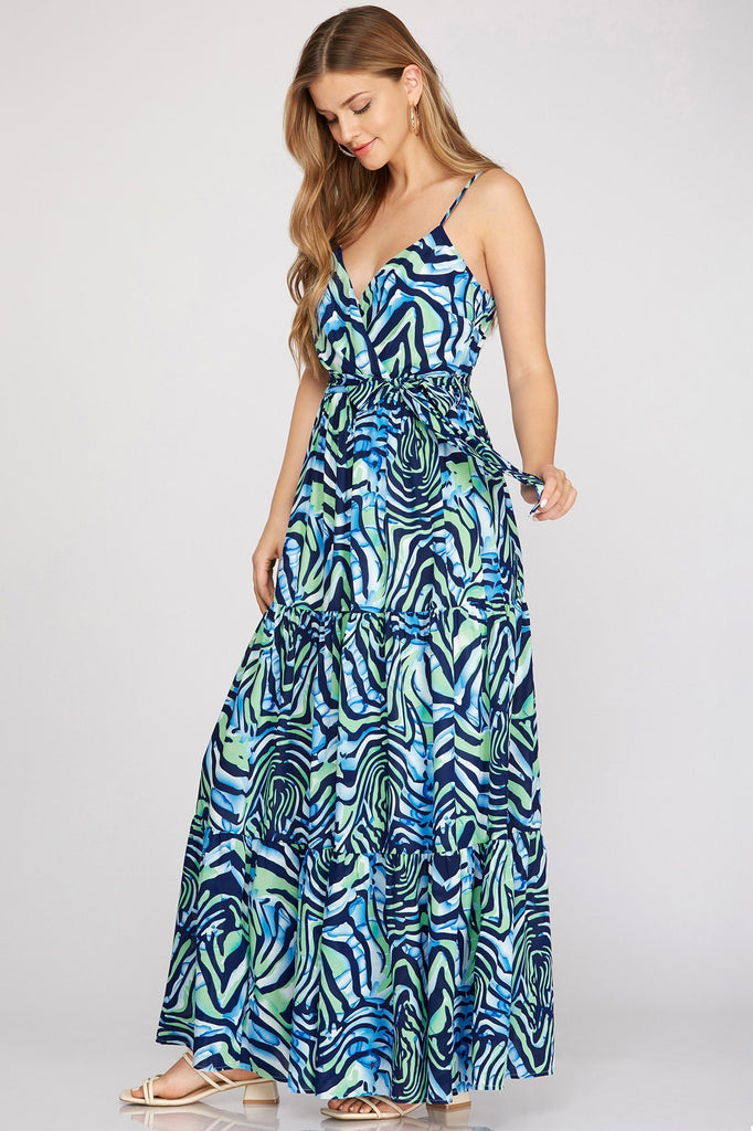 She And Sky Surplice Cami Printed Woven Tiered Maxi Dress In Navy-Maxi Dresses-She And Sky-Deja Nu Boutique, Women's Fashion Boutique in Lampasas, Texas