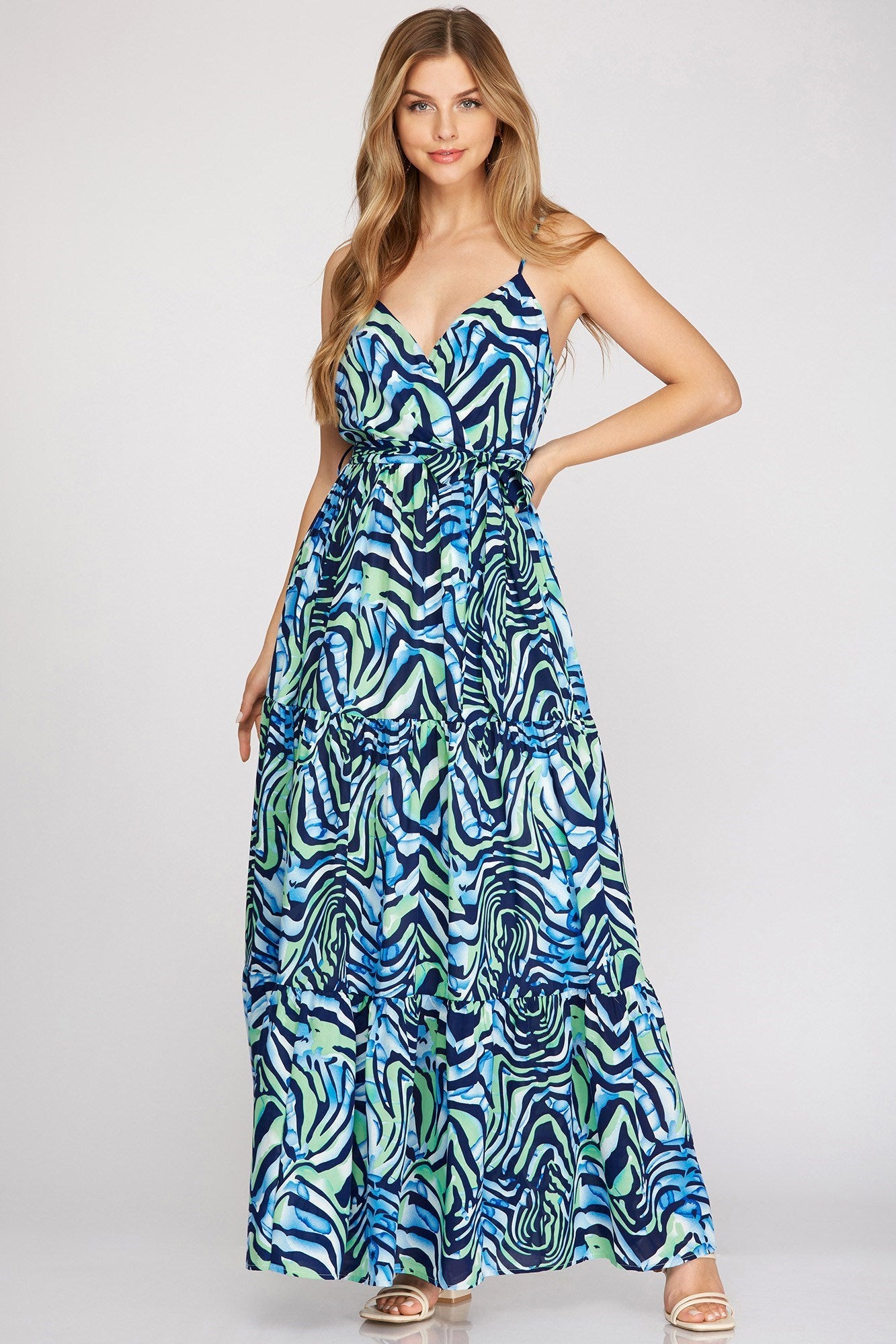 She And Sky Surplice Cami Printed Woven Tiered Maxi Dress In Navy-Maxi Dresses-She And Sky-Deja Nu Boutique, Women's Fashion Boutique in Lampasas, Texas