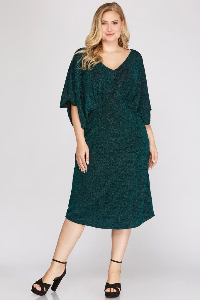 She And Sky Teal Green Kimono Sleeve Lurex Stretch Midi Dress Plus-Curvy/Plus Dresses-She And Sky-Deja Nu Boutique, Women's Fashion Boutique in Lampasas, Texas