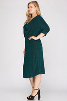 She And Sky Teal Green Kimono Sleeve Lurex Stretch Midi Dress Plus-Curvy/Plus Dresses-She And Sky-Deja Nu Boutique, Women's Fashion Boutique in Lampasas, Texas