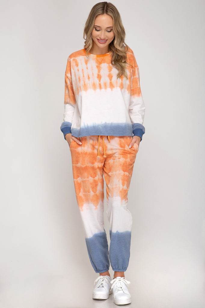 She And Sky Vibrant Orange, Blue And White Tie Dye Jogger Top-Long Sleeves-She And Sky-Deja Nu Boutique, Women's Fashion Boutique in Lampasas, Texas