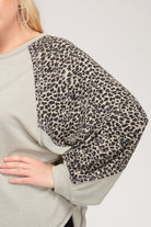 She And Sky Waffle Knit Sage Green With Contrast Leopard Print Sleeve Plus Top-Curvy/Plus Tops-She And Sky-Deja Nu Boutique, Women's Fashion Boutique in Lampasas, Texas