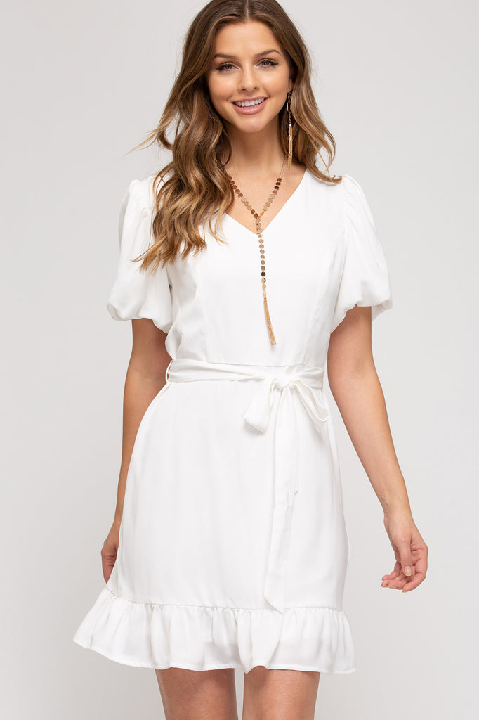 She And Sky White Bubble Sleeve Short Dress-Dresses-She And Sky-Deja Nu Boutique, Women's Fashion Boutique in Lampasas, Texas