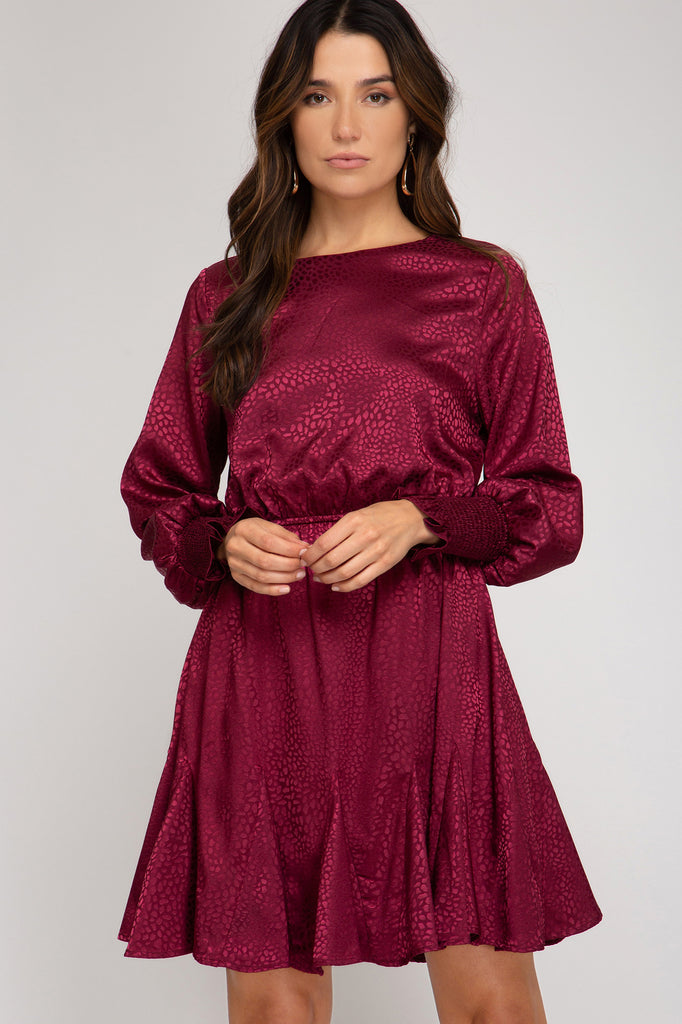 She And Sky Wine Animal Jacquard Godet Dress-Short Dresses-She And Sky-Deja Nu Boutique, Women's Fashion Boutique in Lampasas, Texas