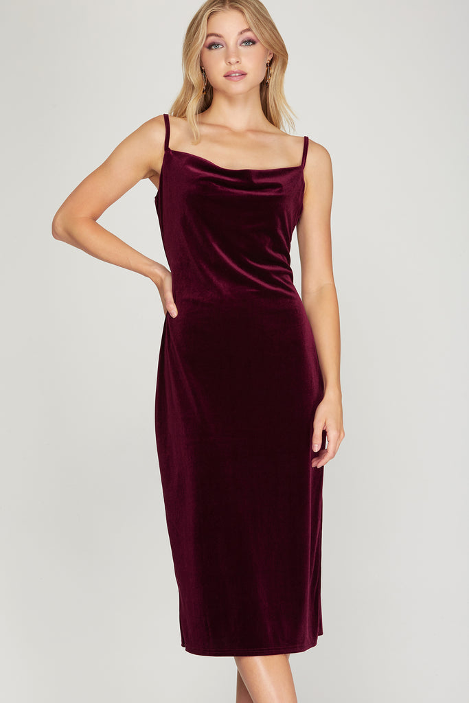 She And Sky Wine Velvet Camisole Dress With Cowl Neck And Side Slit-Dresses-She And Sky-Deja Nu Boutique, Women's Fashion Boutique in Lampasas, Texas