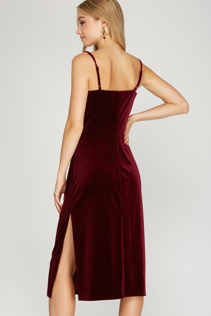 She And Sky Wine Velvet Camisole Dress With Cowl Neck And Side Slit-Dresses-She And Sky-Deja Nu Boutique, Women's Fashion Boutique in Lampasas, Texas