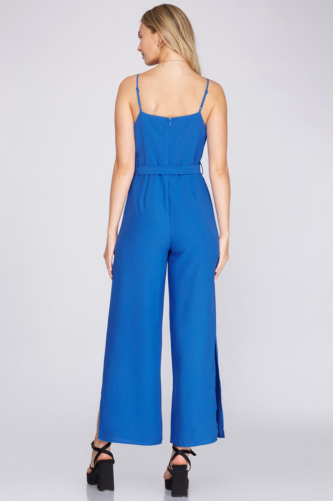 She And Sky Woven Cami Jumpsuit With Waist Sash & Side Slits In Royal Blue-Rompers & Jumpsuits-She And Sky-Deja Nu Boutique, Women's Fashion Boutique in Lampasas, Texas