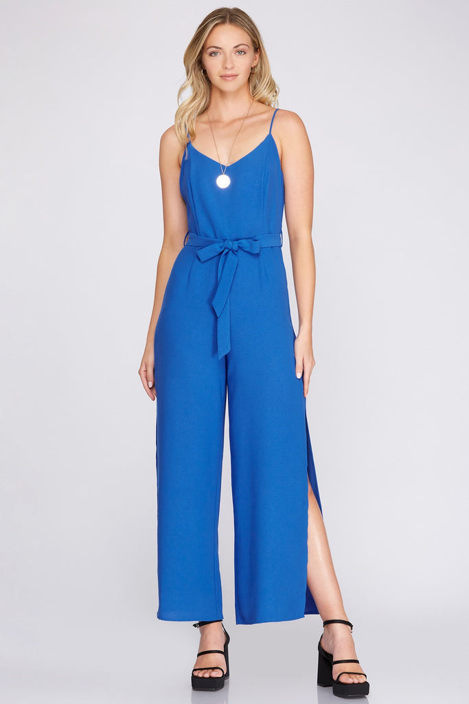 She And Sky Woven Cami Jumpsuit With Waist Sash & Side Slits In Royal Blue-Rompers & Jumpsuits-She And Sky-Deja Nu Boutique, Women's Fashion Boutique in Lampasas, Texas
