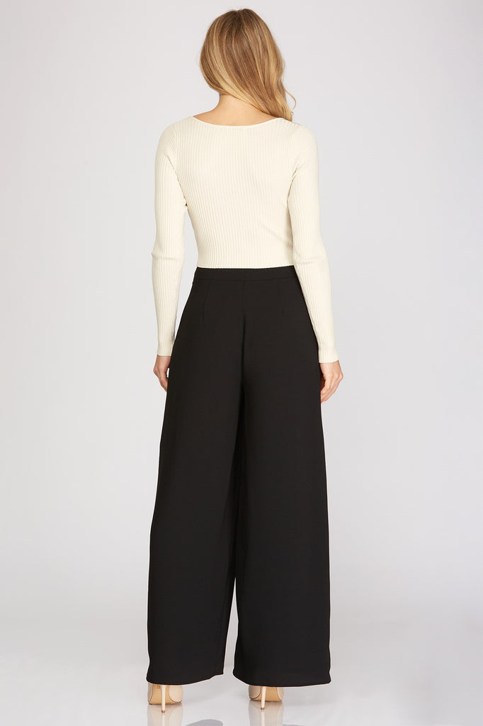 She And Sky Woven Wide Pants With Pintuck And Side Pockets In Black-Pants-She And Sky-Deja Nu Boutique, Women's Fashion Boutique in Lampasas, Texas