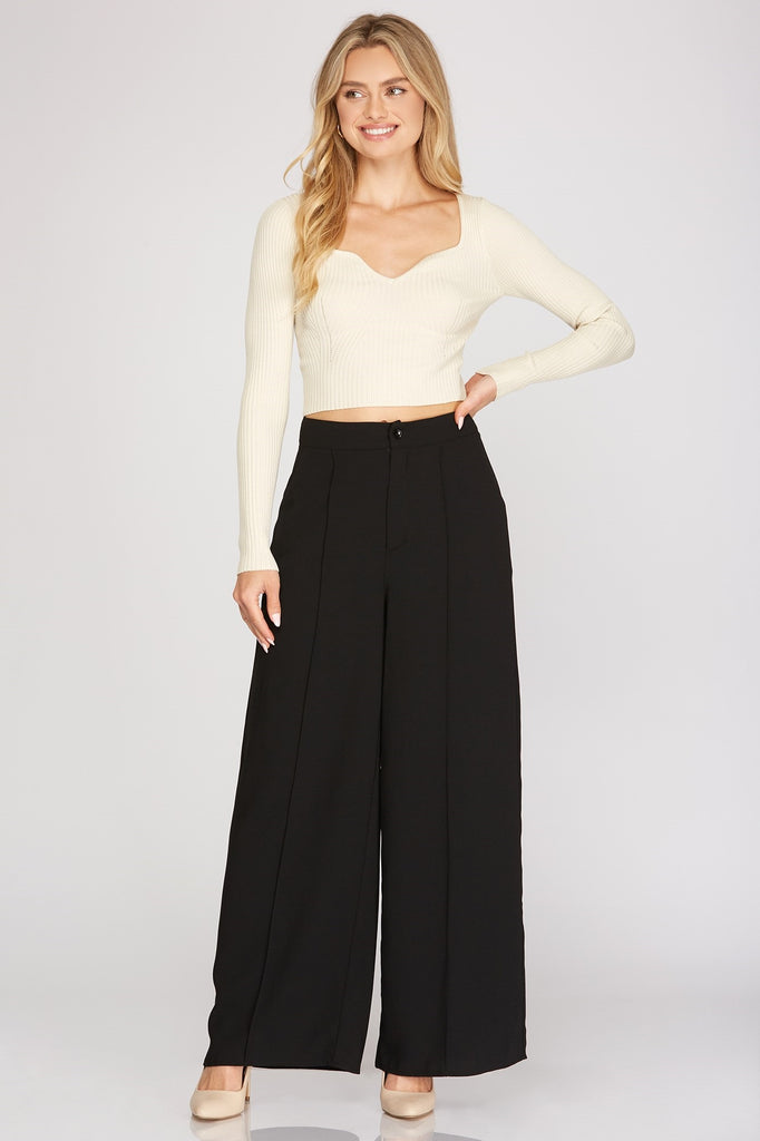 She And Sky Woven Wide Pants With Pintuck And Side Pockets In Black-Pants-She And Sky-Deja Nu Boutique, Women's Fashion Boutique in Lampasas, Texas