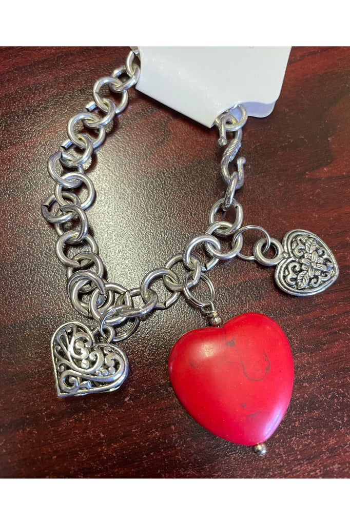 Silver Chain Dangle Bracelet With Red Heart-Bracelets-Deja Nu Tx-Deja Nu Boutique, Women's Fashion Boutique in Lampasas, Texas