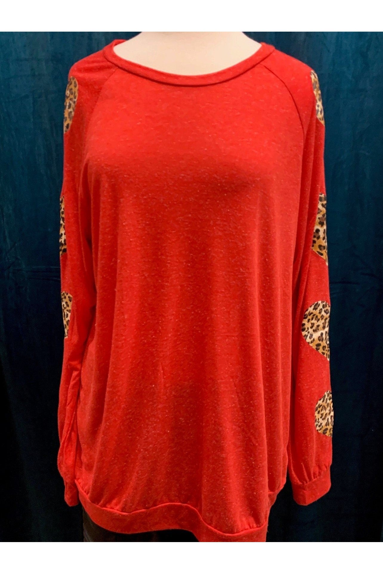 Sunshine And Rodeo Red Top With Leopard Heart Sleeves-Tops-Sunshine And Rodeo-Deja Nu Boutique, Women's Fashion Boutique in Lampasas, Texas