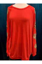 Sunshine And Rodeo Red Top With Leopard Heart Sleeves-Tops-Sunshine And Rodeo-Deja Nu Boutique, Women's Fashion Boutique in Lampasas, Texas