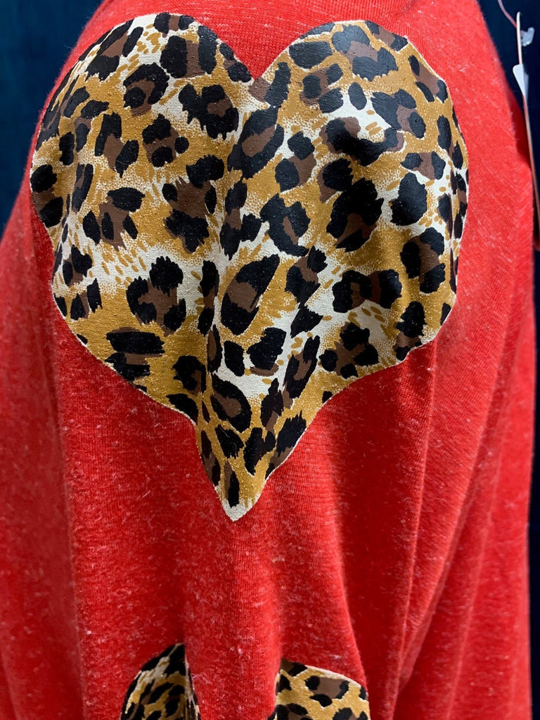 Sunshine And Rodeo Red Top With Leopard Heart Sleeves-Tops-Sunshine And Rodeo-Deja Nu Boutique, Women's Fashion Boutique in Lampasas, Texas