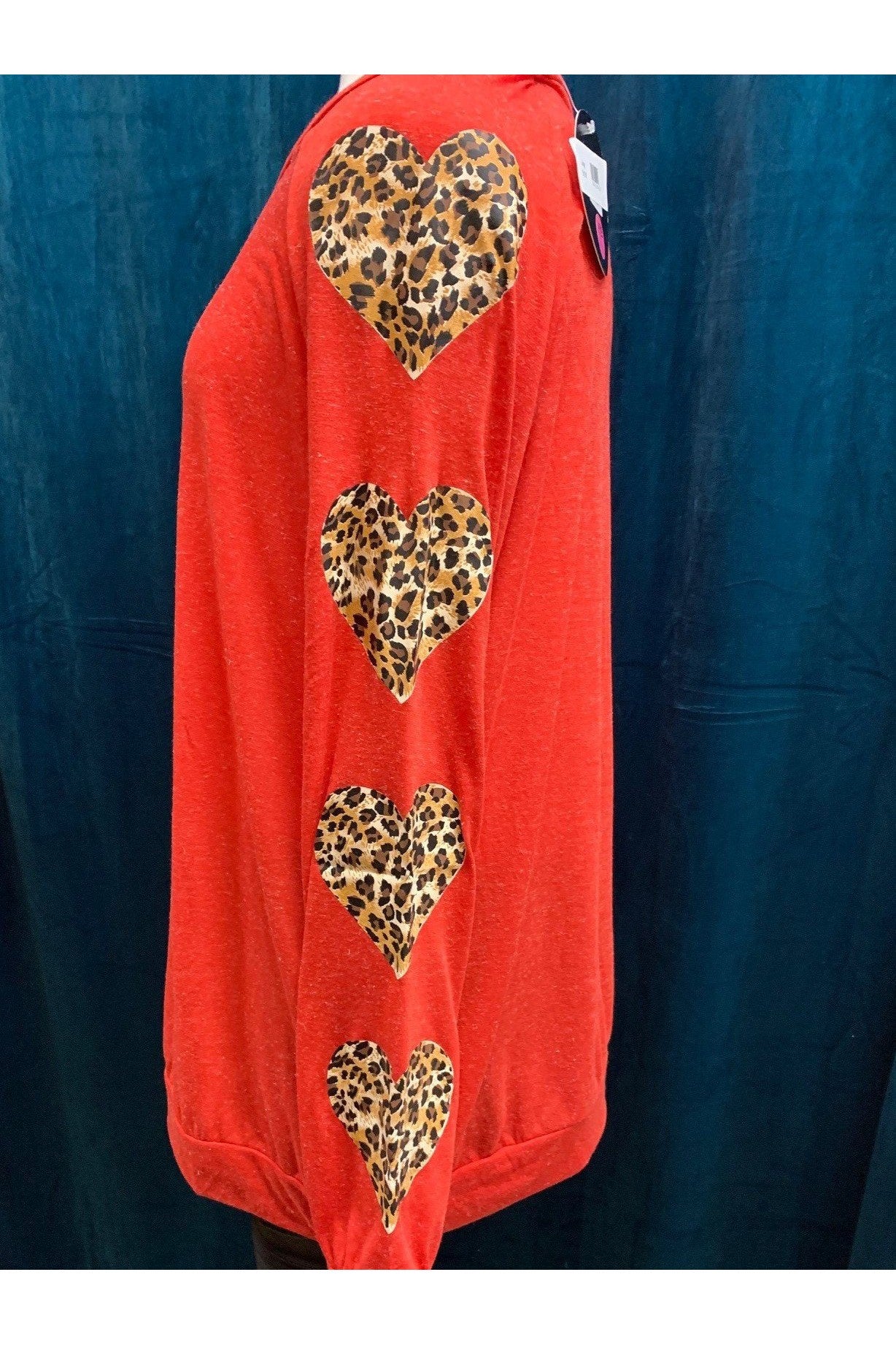 Sunshine And Rodeo Red Top With Leopard Heart Sleeves-Tops-Sunshine And Rodeo-Deja Nu Boutique, Women's Fashion Boutique in Lampasas, Texas