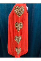 Sunshine And Rodeo Red Top With Leopard Heart Sleeves-Tops-Sunshine And Rodeo-Deja Nu Boutique, Women's Fashion Boutique in Lampasas, Texas