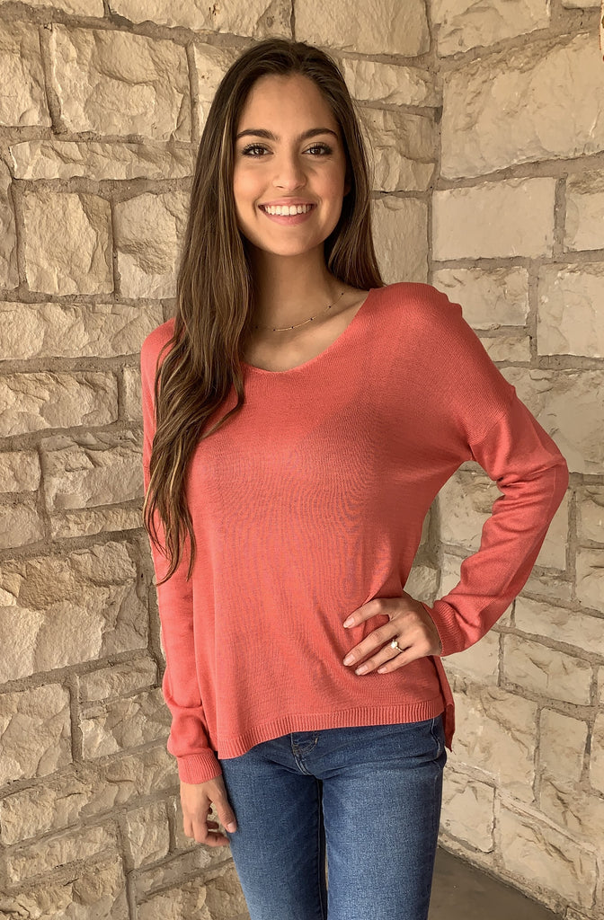 Tempo Basic V Neck Long Sleeve Sweater In Peperosa-Sweaters-Tempo-Deja Nu Boutique, Women's Fashion Boutique in Lampasas, Texas