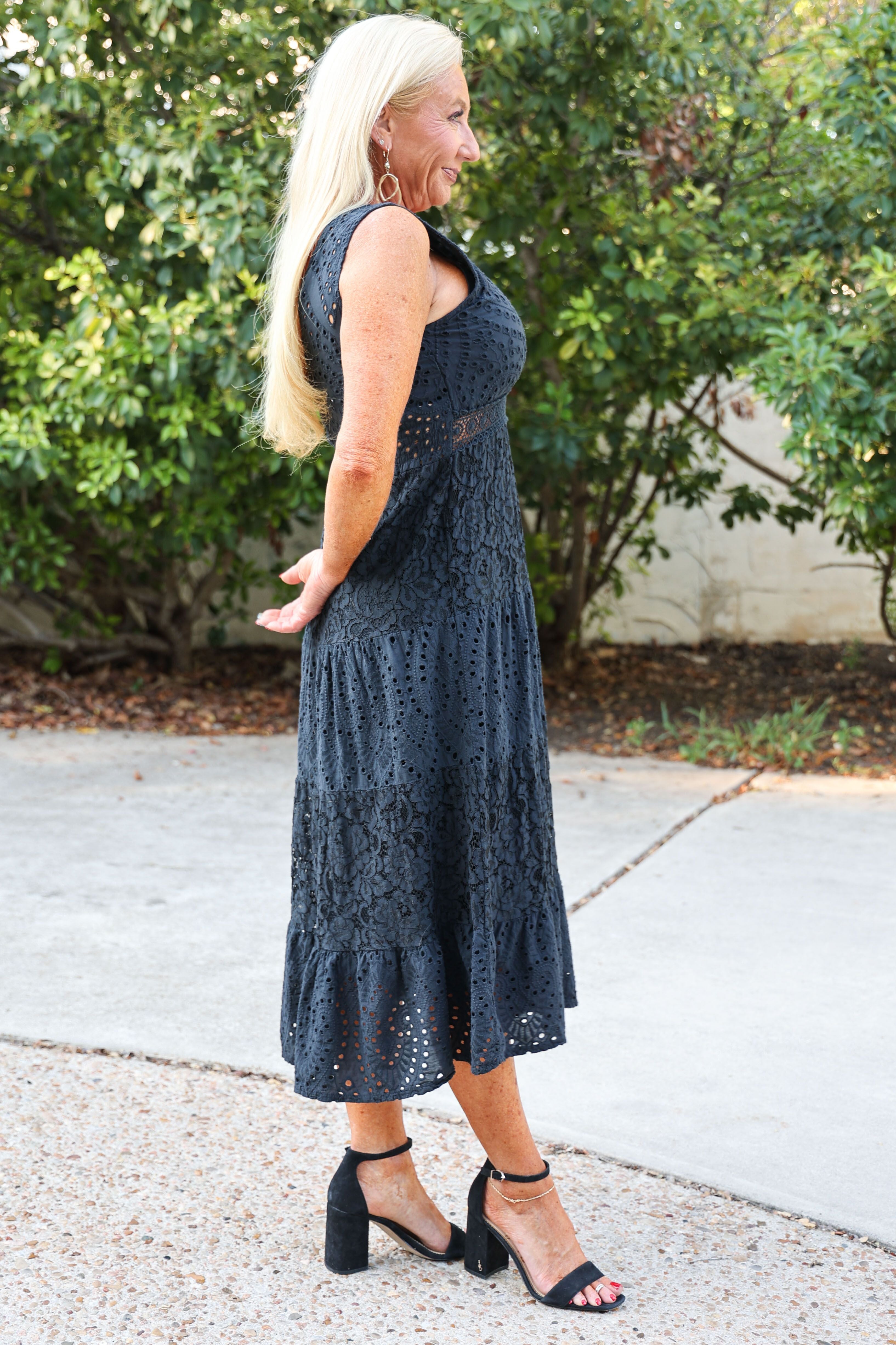 Tempo Black Eyelet Long Maxi Dress-Maxi Dresses-Tempo Paris-Deja Nu Boutique, Women's Fashion Boutique in Lampasas, Texas