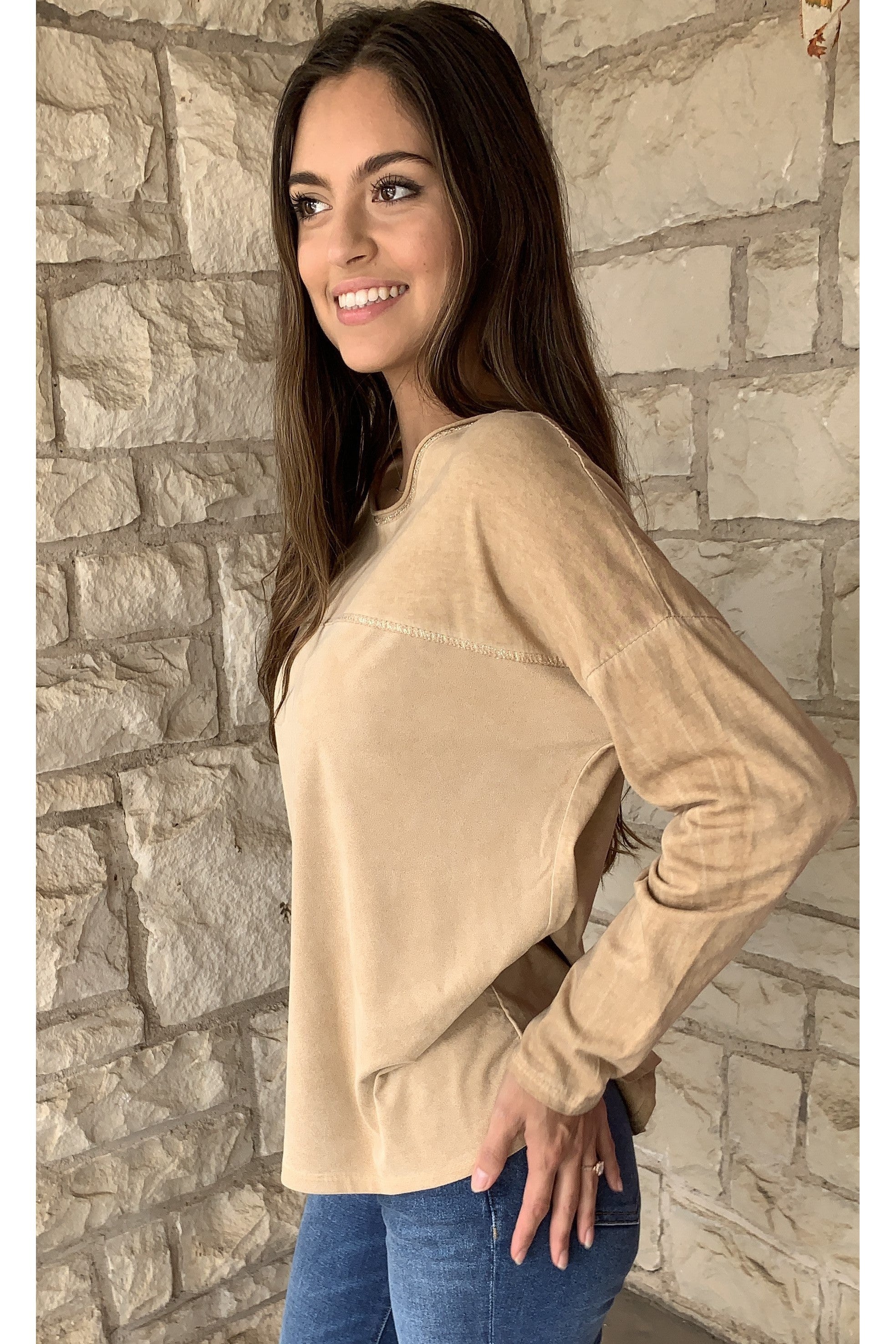 Tempo Camel Long Sleeve Round Neck Tunic With Silver Lurex Sparkle-Tunics-Tempo Paris-Deja Nu Boutique, Women's Fashion Boutique in Lampasas, Texas