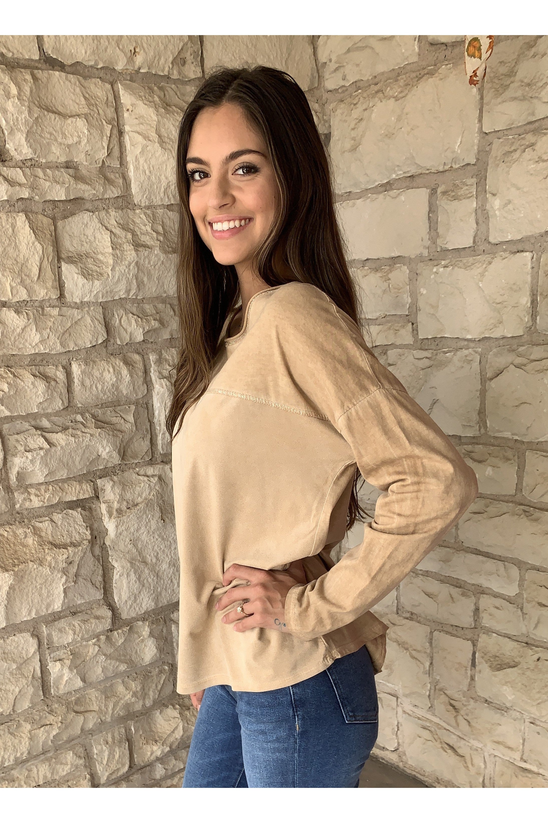 Tempo Camel Long Sleeve Round Neck Tunic With Silver Lurex Sparkle-Tunics-Tempo Paris-Deja Nu Boutique, Women's Fashion Boutique in Lampasas, Texas