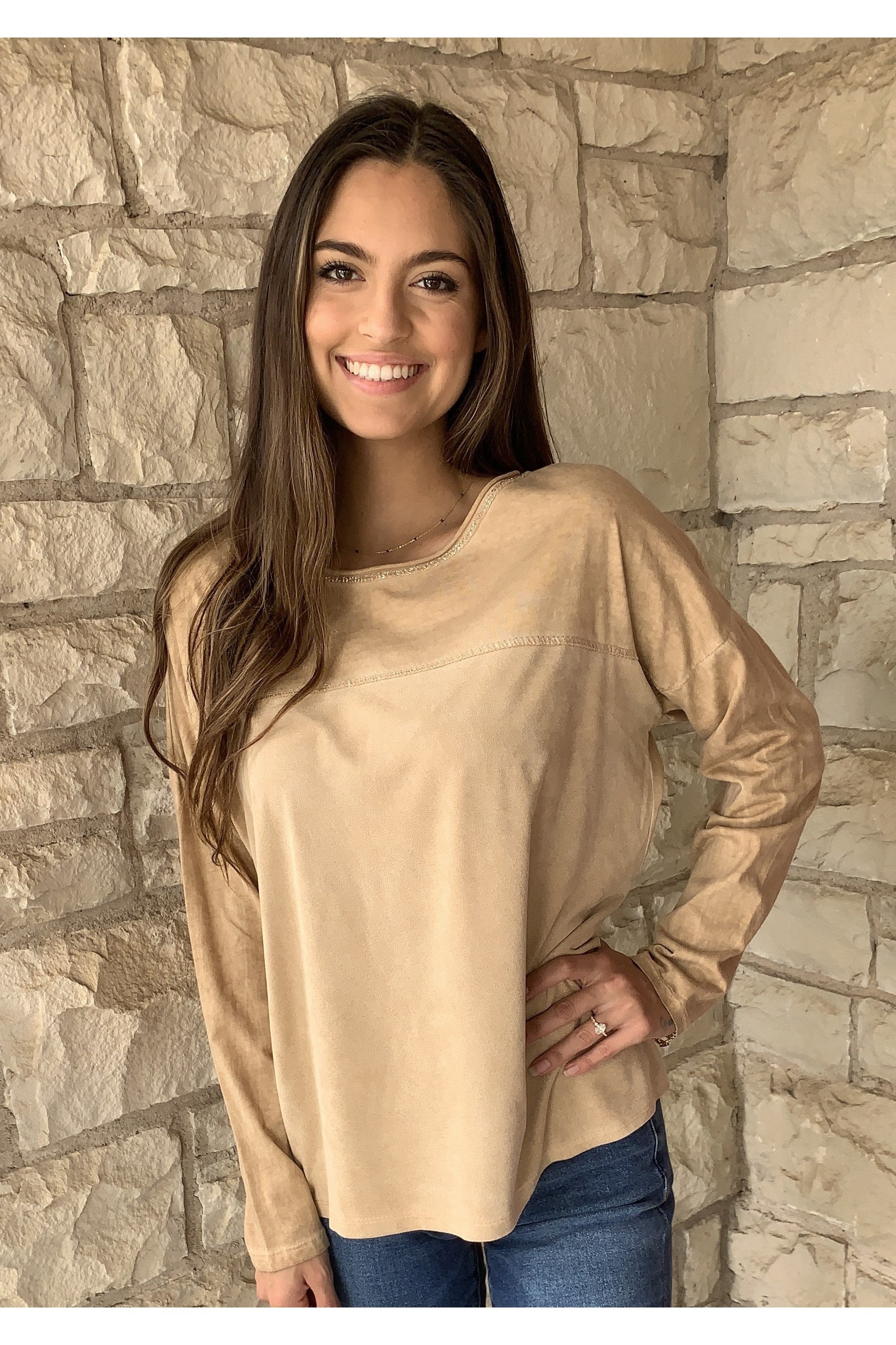 Tempo Camel Long Sleeve Round Neck Tunic With Silver Lurex Sparkle-Tunics-Tempo Paris-Deja Nu Boutique, Women's Fashion Boutique in Lampasas, Texas