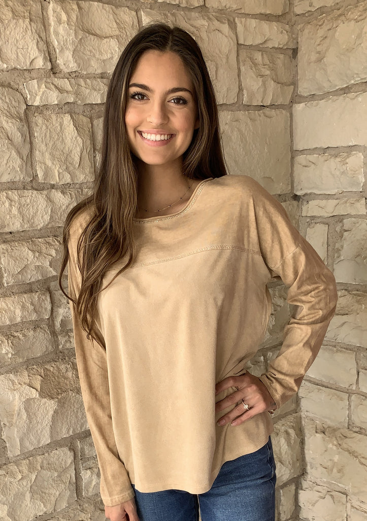 Tempo Camel Long Sleeve Round Neck Tunic With Silver Lurex Sparkle-Tunics-Tempo-Deja Nu Boutique, Women's Fashion Boutique in Lampasas, Texas