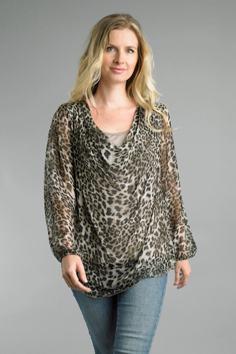 Tempo Cheetah Print Cowl Neckline Sheer Blouse With Lining-Tops-Tempo Paris-Deja Nu Boutique, Women's Fashion Boutique in Lampasas, Texas