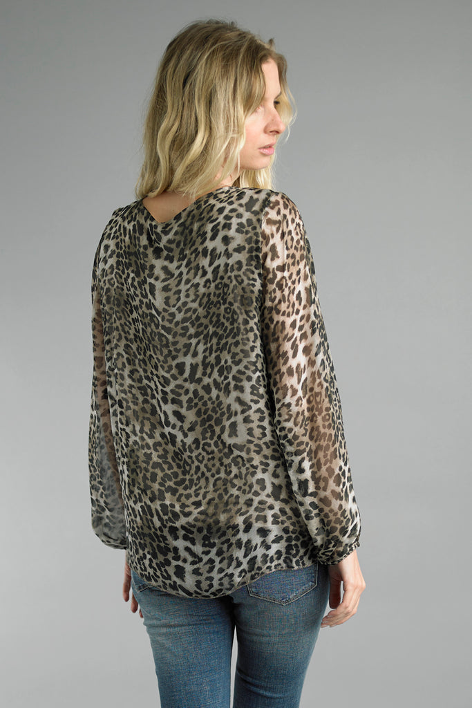 Tempo Cheetah Print Cowl Neckline Sheer Blouse With Lining-Tops-Tempo Paris-Deja Nu Boutique, Women's Fashion Boutique in Lampasas, Texas