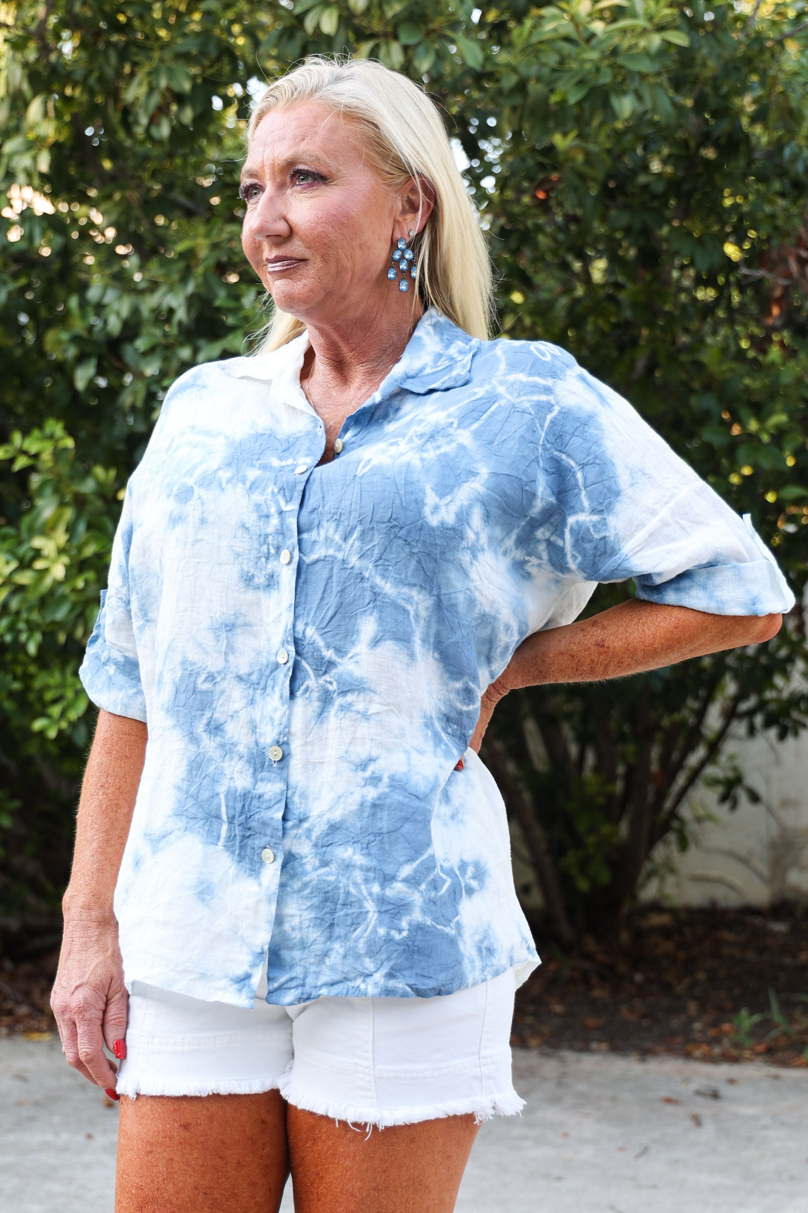 Tempo Denim Tie Dye Button Top-Tops-Tempo Paris-Deja Nu Boutique, Women's Fashion Boutique in Lampasas, Texas