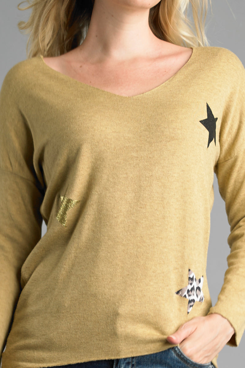 Tempo Lightweight V Neckline Sweater With Stars In Mustard-Graphic Sweaters-Tempo Paris-Deja Nu Boutique, Women's Fashion Boutique in Lampasas, Texas