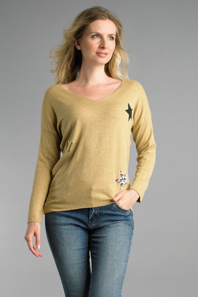 Tempo Lightweight V Neckline Sweater With Stars In Mustard-Graphic Sweaters-Tempo Paris-Deja Nu Boutique, Women's Fashion Boutique in Lampasas, Texas