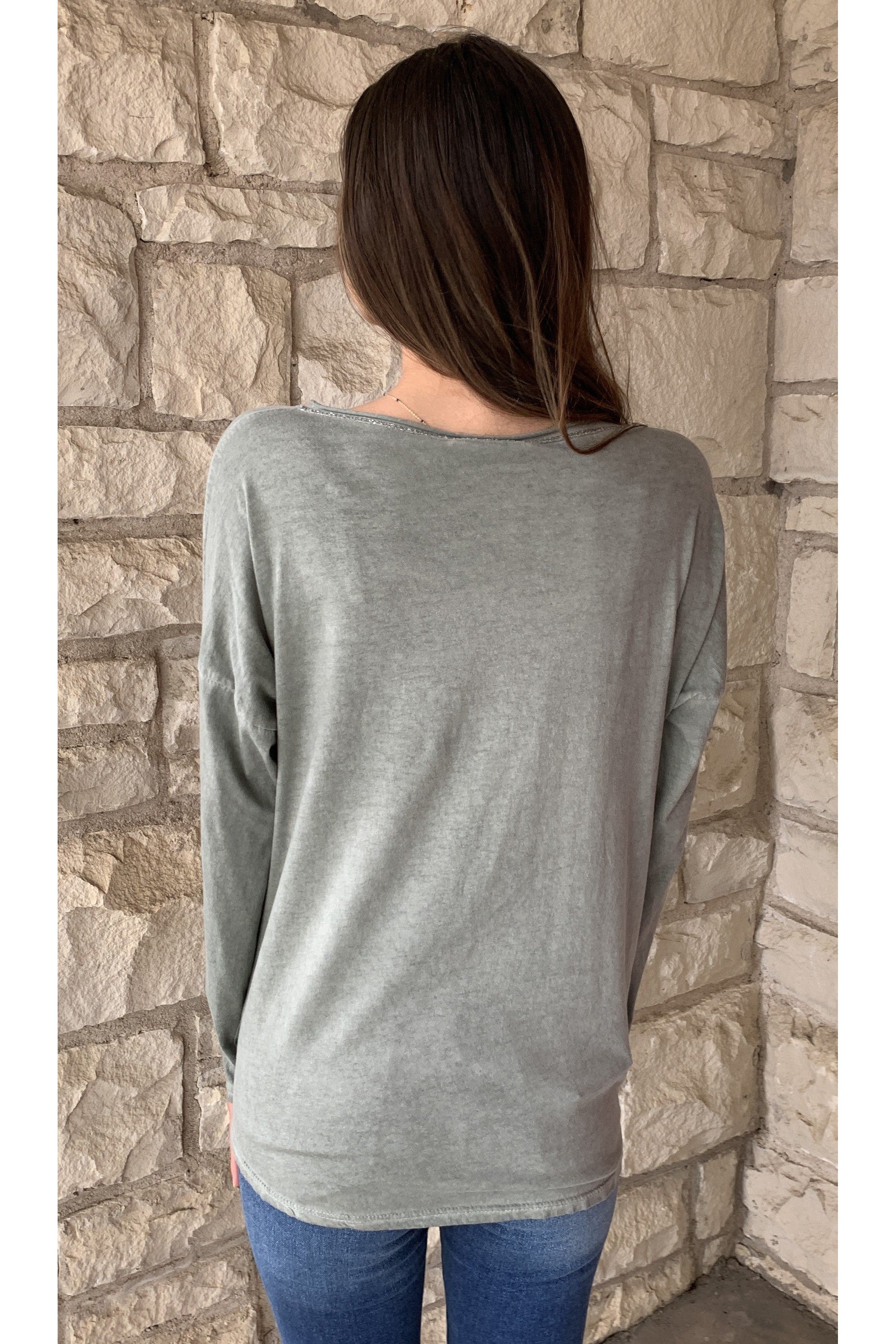 Tempo Olive Round Neck Long Sleeve Top With Silver Lurex Spakle-Long Sleeves-Tempo Paris-Deja Nu Boutique, Women's Fashion Boutique in Lampasas, Texas