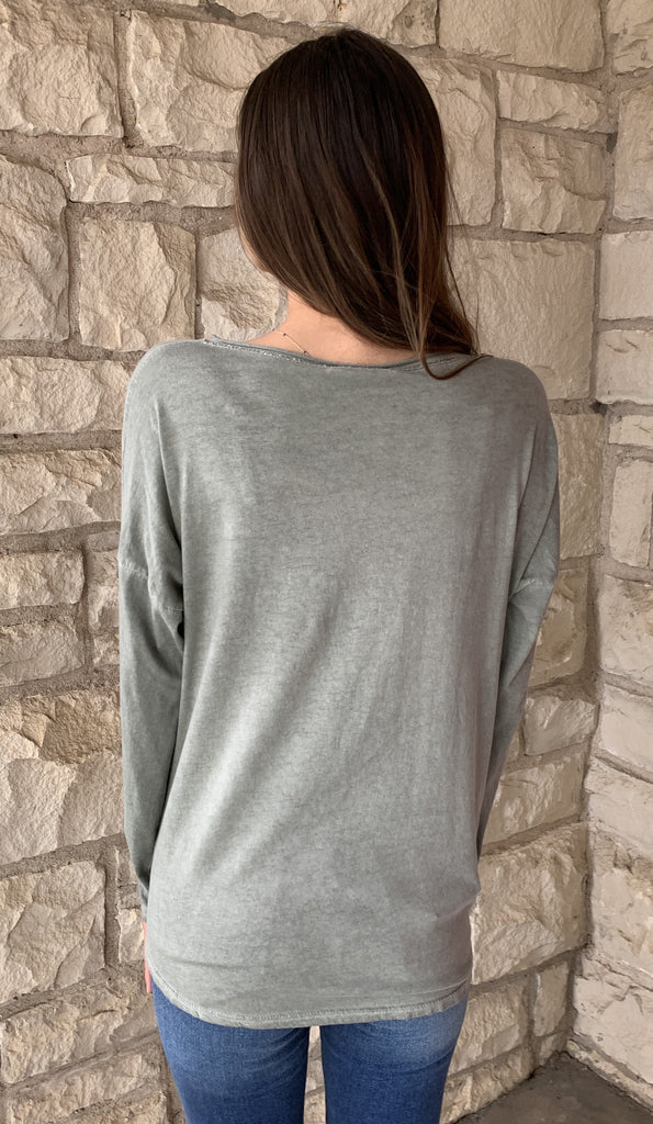 Tempo Olive Round Neck Long Sleeve Top With Silver Lurex Spakle-Long Sleeves-Tempo-Deja Nu Boutique, Women's Fashion Boutique in Lampasas, Texas