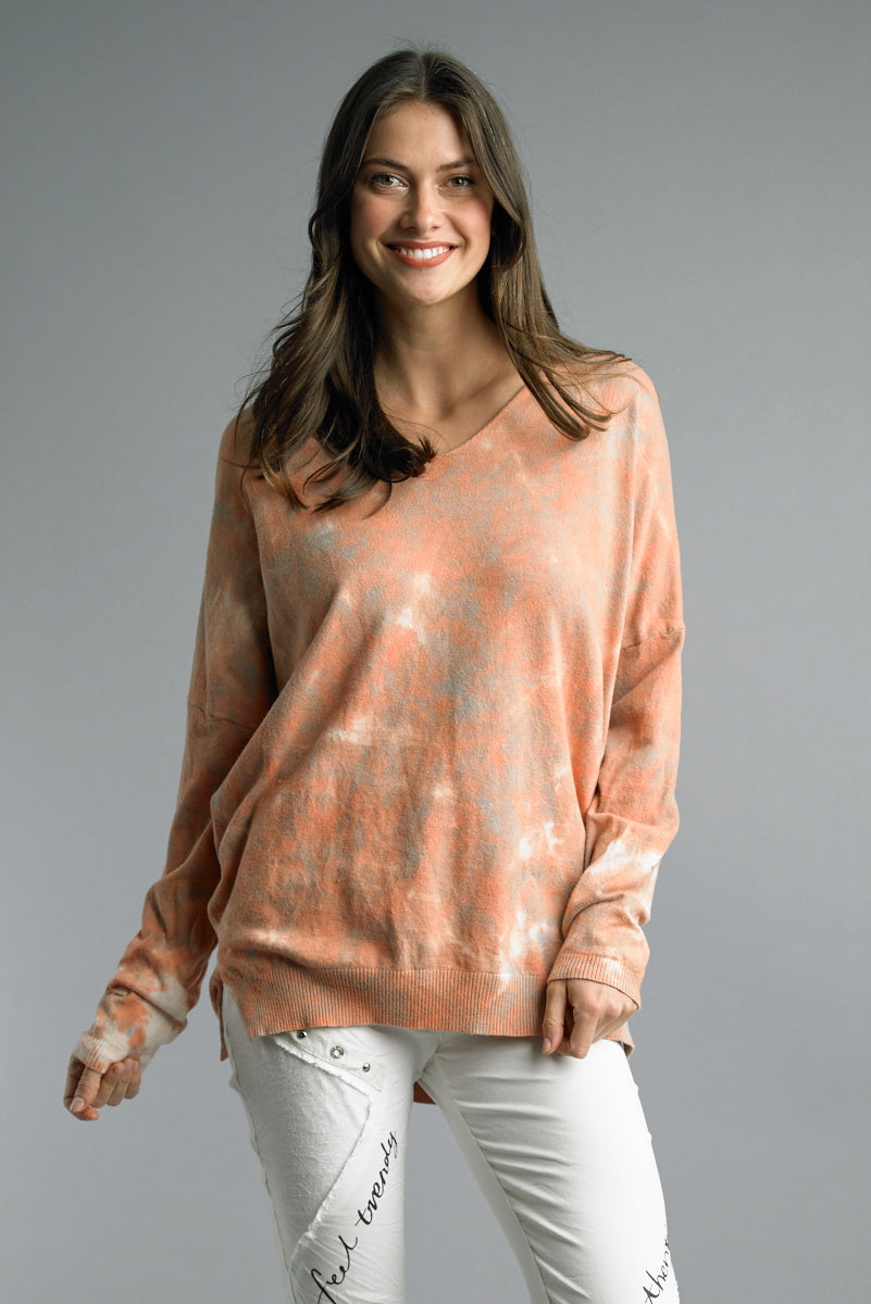 Tempo Pumpkin Tie Dye V Neck Tunic Sweater-Tunics-Tempo Paris-Deja Nu Boutique, Women's Fashion Boutique in Lampasas, Texas