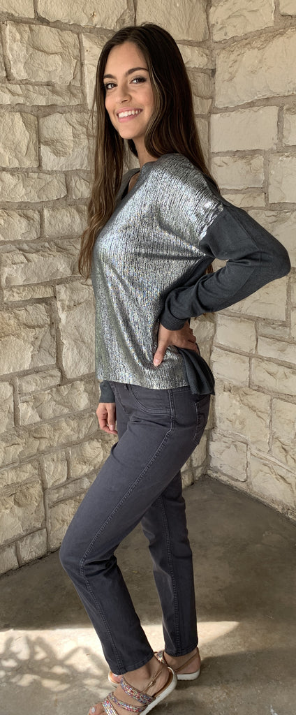 Tempo Sparkle And Shine Long Sleeve Sweater In Charcoal-Sweaters-Tempo Paris-Deja Nu Boutique, Women's Fashion Boutique in Lampasas, Texas