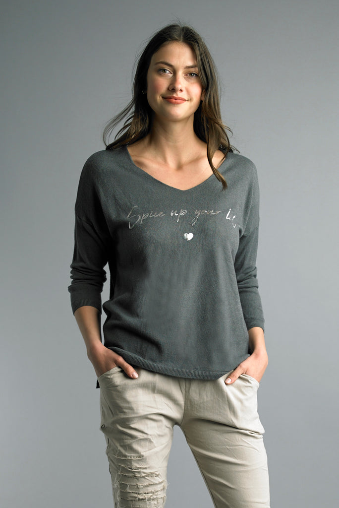Tempo Spice Up Your Life Grey Sweater-Sweaters-Tempo Paris-Deja Nu Boutique, Women's Fashion Boutique in Lampasas, Texas