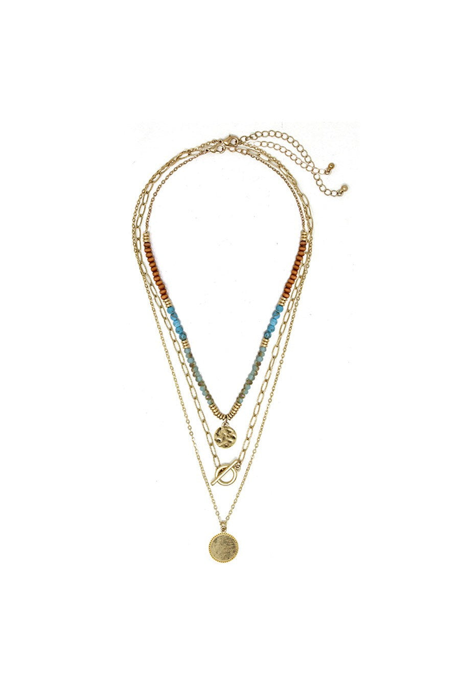 Three Layered Metal Chain Necklace With Semi-Precious Beads And Gold Medallions-Necklaces-Deja Nu-Deja Nu Boutique, Women's Fashion Boutique in Lampasas, Texas