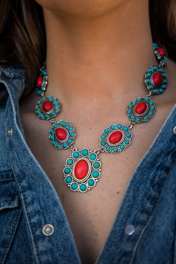 Turquoise & Red Vintage Cluster Necklace-Necklaces-Deja Nu Tx-Deja Nu Boutique, Women's Fashion Boutique in Lampasas, Texas