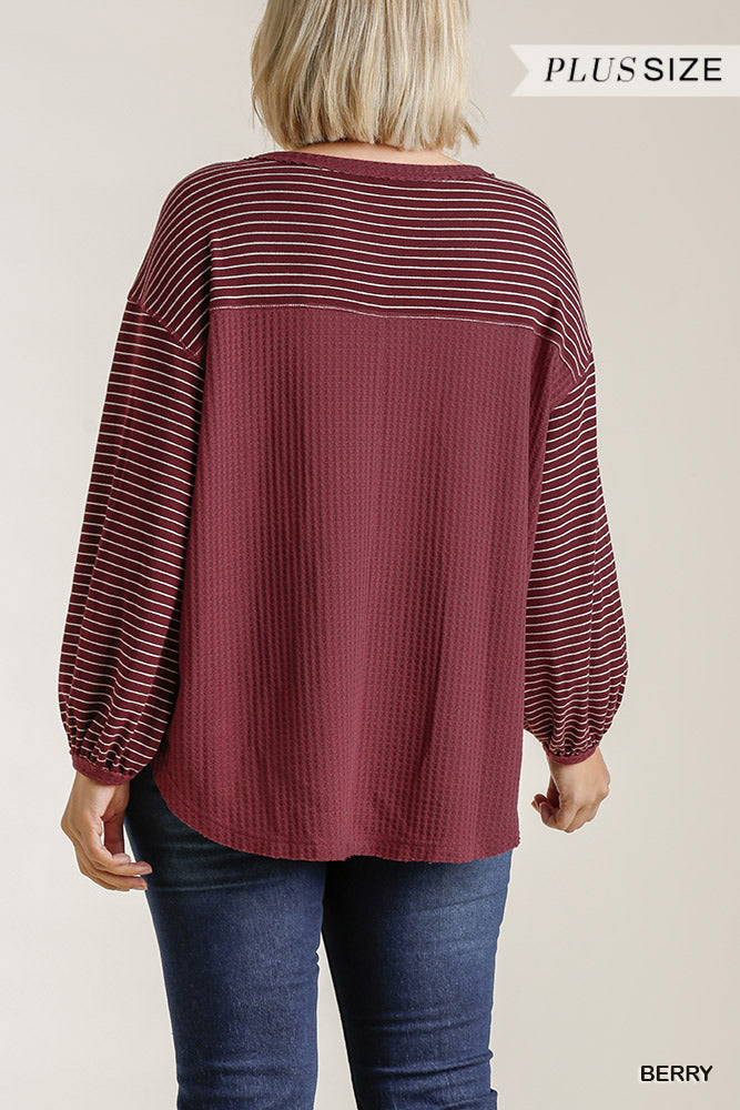 Umgee Berry Striped Ribbed Sleeve Top In A Waffle Knit With High Low Hem Plus-Curvy/Plus Tops-Umgee-Deja Nu Boutique, Women's Fashion Boutique in Lampasas, Texas
