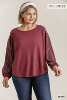 Umgee Berry Striped Ribbed Sleeve Top In A Waffle Knit With High Low Hem Plus-Curvy/Plus Tops-Umgee-Deja Nu Boutique, Women's Fashion Boutique in Lampasas, Texas